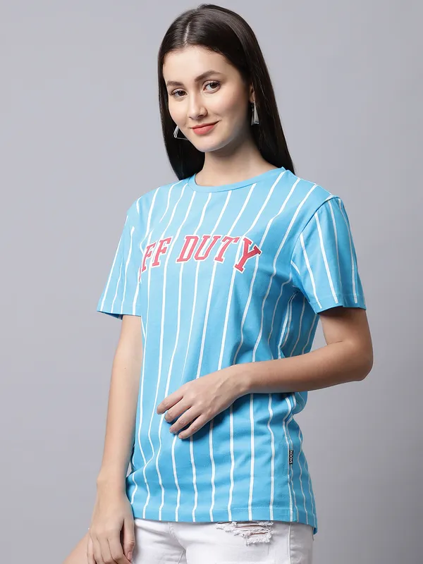 Blue Cotton Printed Regular Fit Round Neck T-Shirt For Women - Image 3