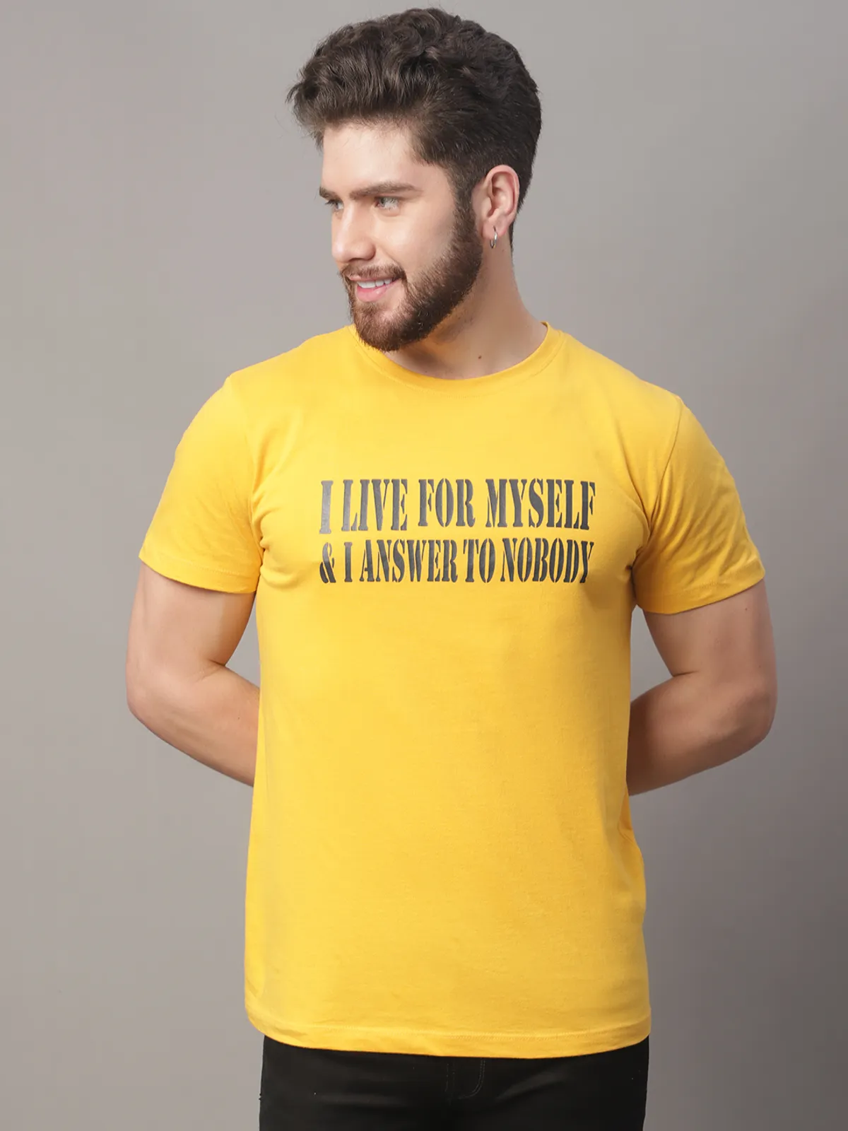 Yellow Cotton Printed Regular Fit T-Shirt For Men