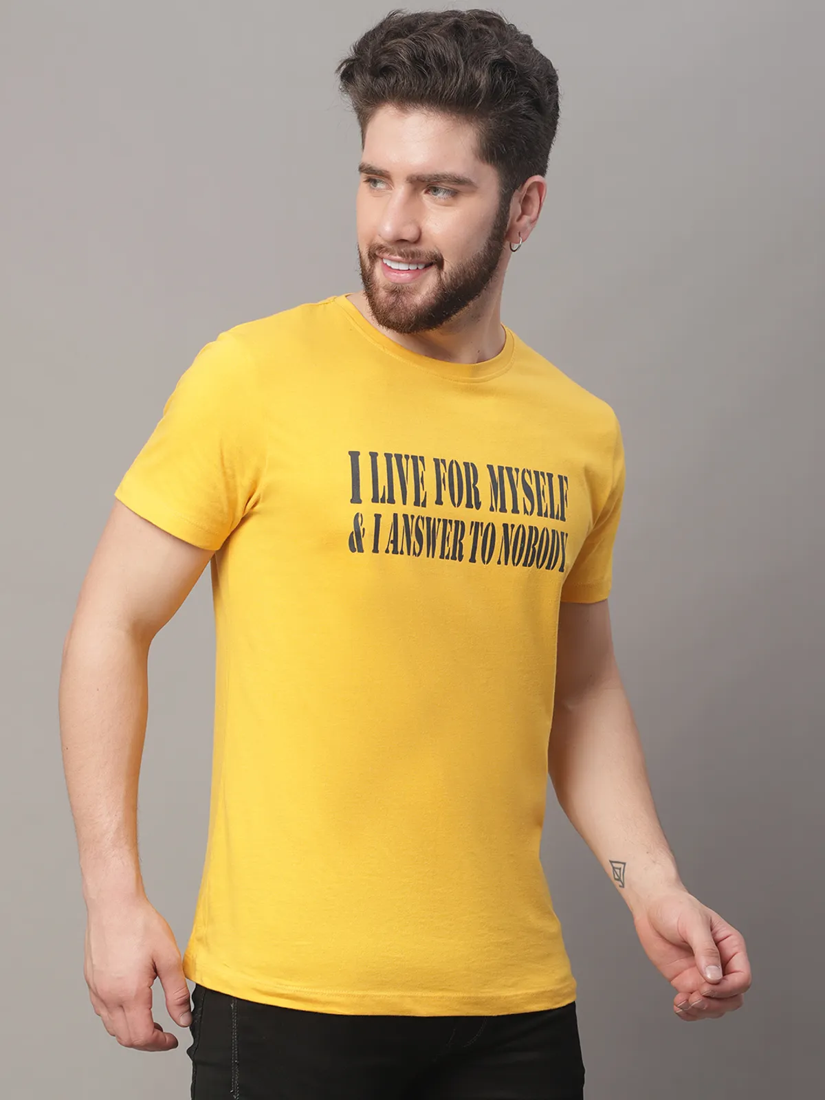 Yellow Cotton Printed Regular Fit T-Shirt For Men - Image 5