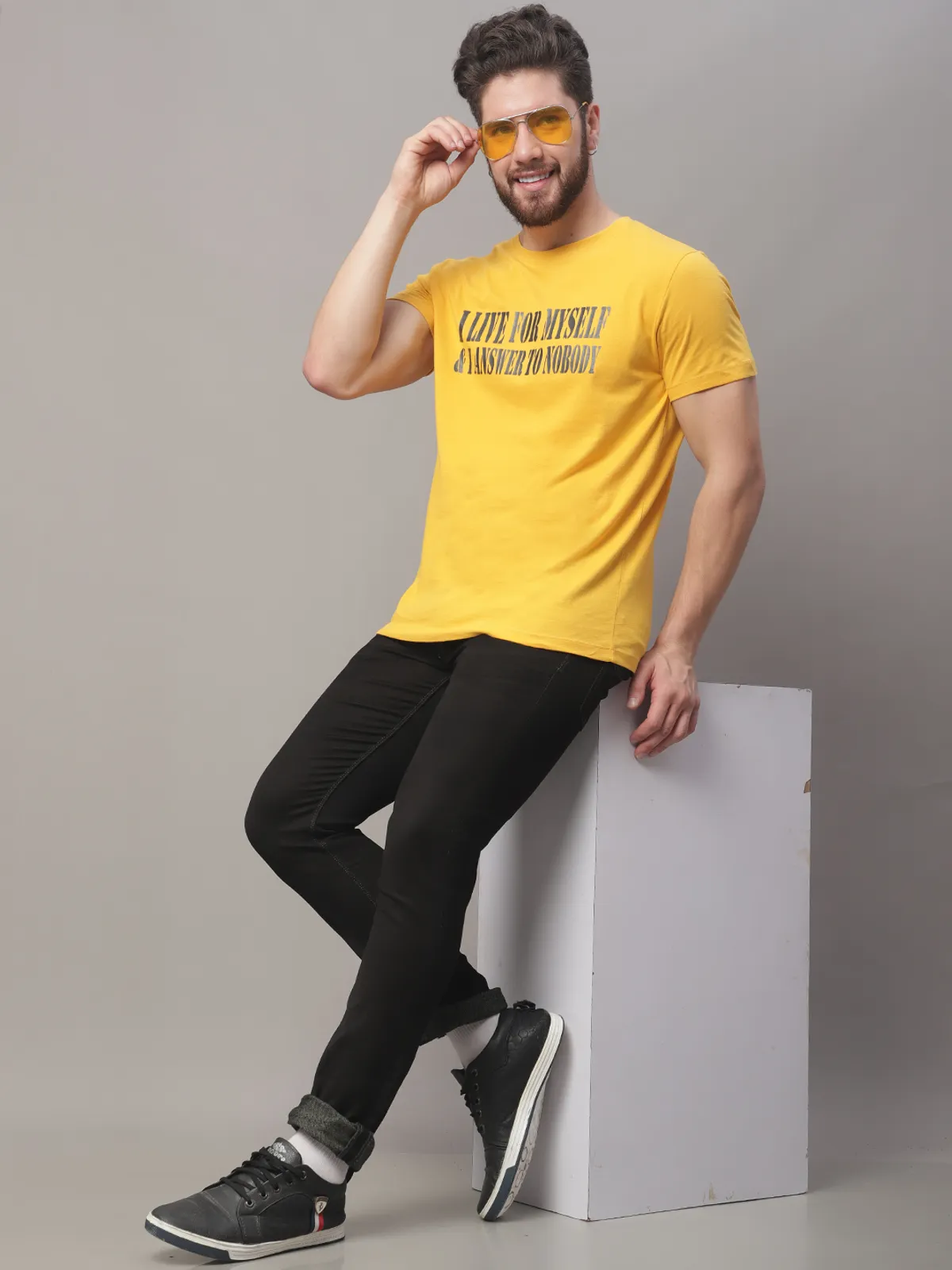Yellow Cotton Printed Regular Fit T-Shirt For Men - Image 6