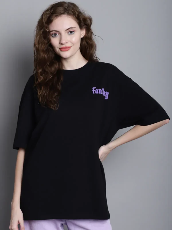 Black Cotton Printed Oversized Round Neck T-Shirt For Women