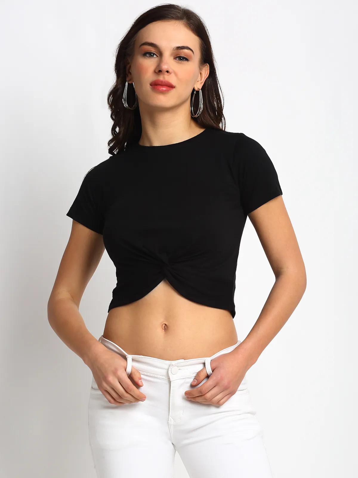 Door74 Stylish Black Front Knot Crop Womens Top