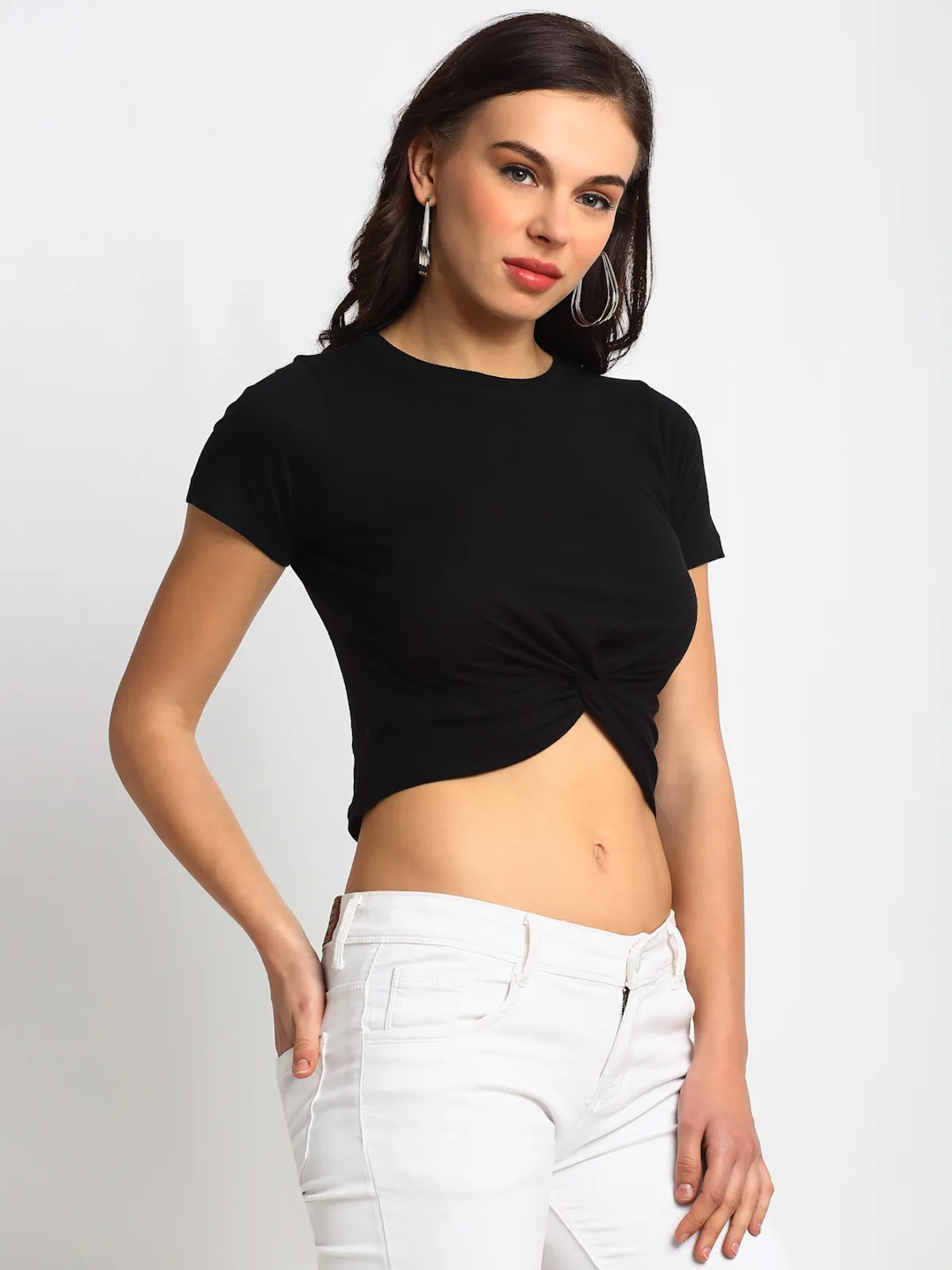 Door74 Stylish Black Front Knot Crop Womens Top - Image 4