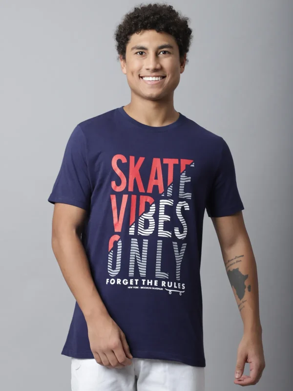 Navy Cotton Printed Regular Fit T-Shirt For Men