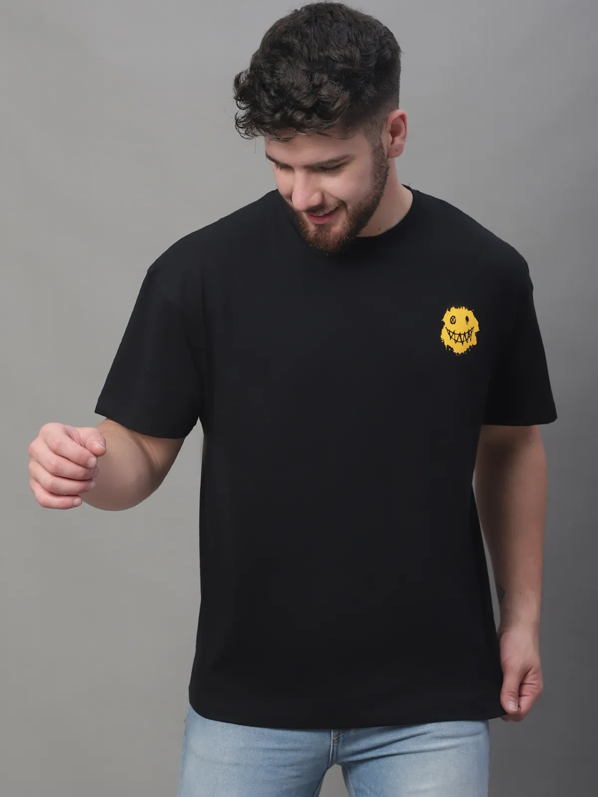 Black Cotton Printed Oversized T-Shirt For Men