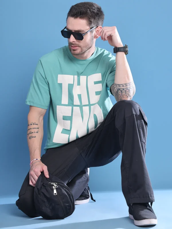 Teal Cotton Printed Oversized T-Shirt For Men