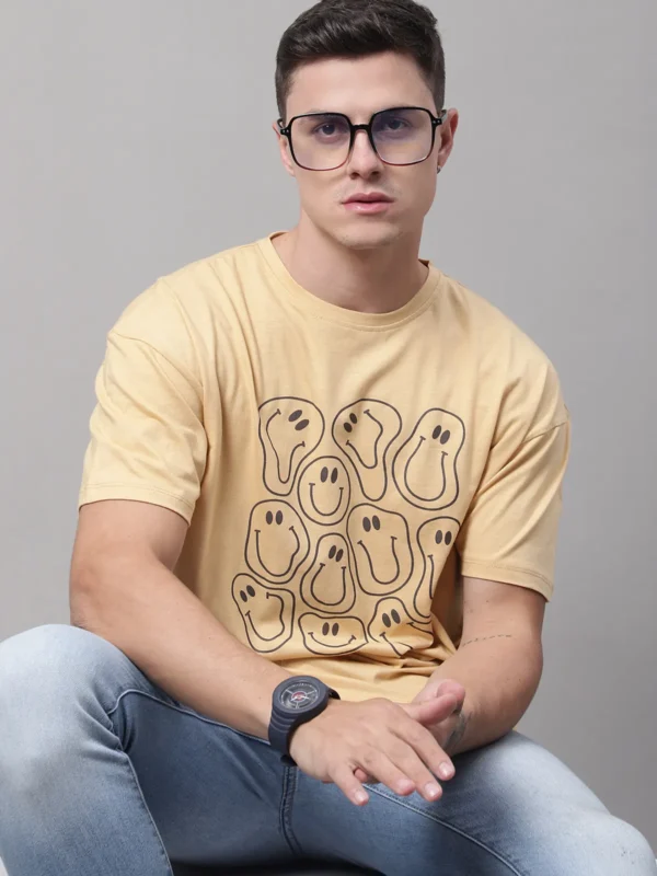 Beige Cotton Printed Oversized T-Shirt For Men