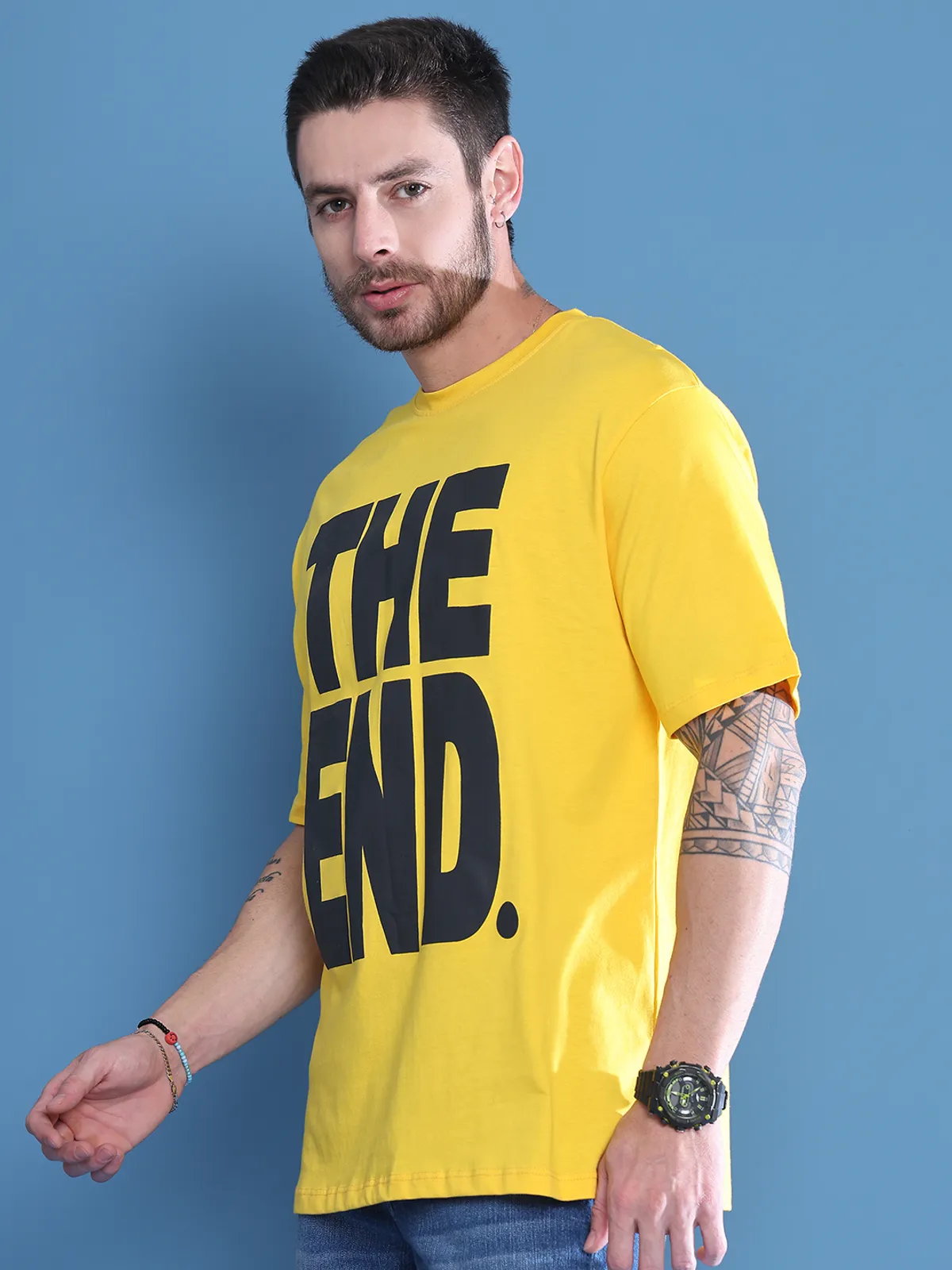Yellow Cotton Printed Oversized T-Shirt For Men - Image 5