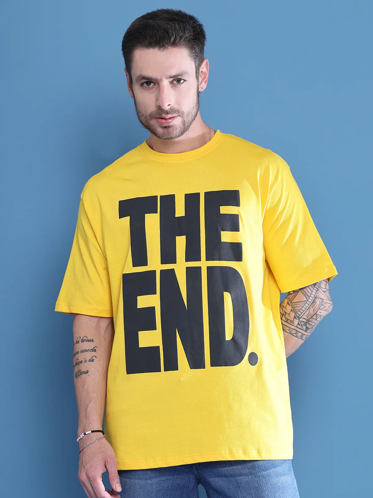 Yellow Cotton Printed Oversized T-Shirt For Men - Image 3