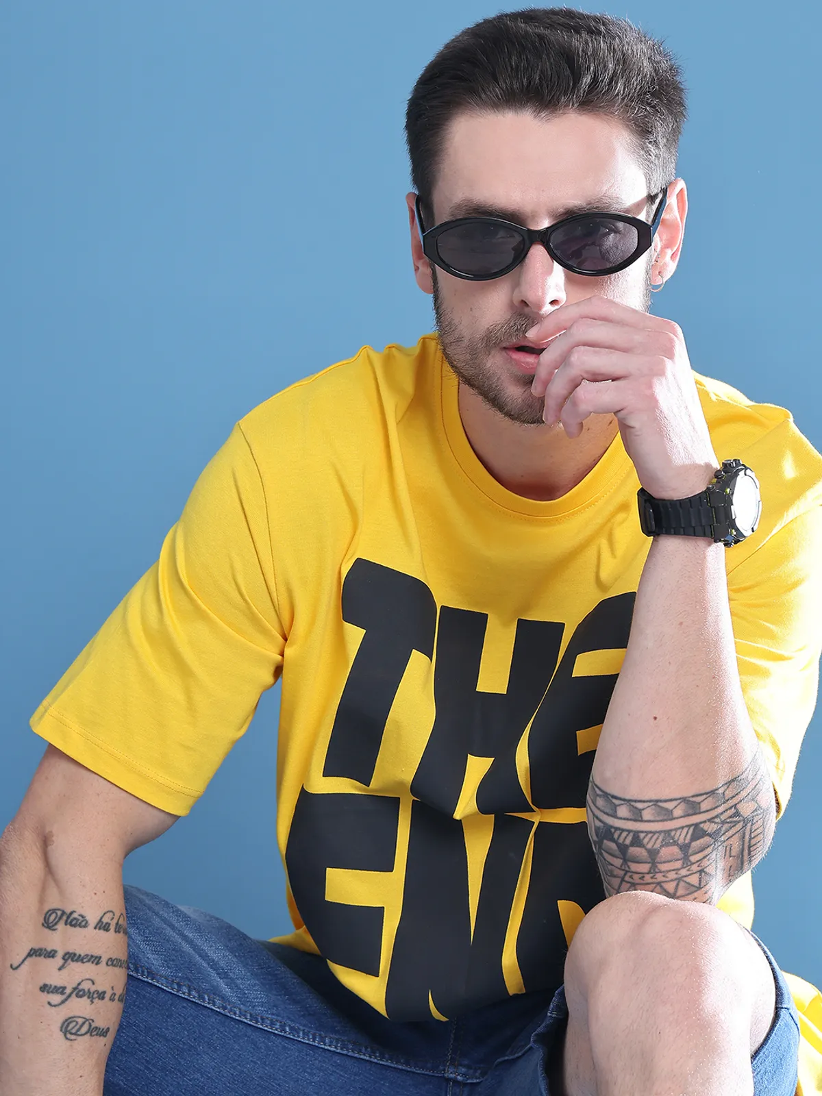 Yellow Cotton Printed Oversized T-Shirt For Men