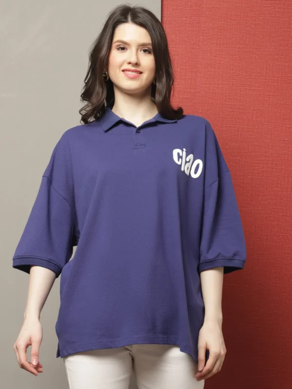 Navy Blue Cotton Printed Oversized Polo Collar T-Shirt For Women