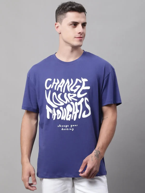 Navy Blue Cotton Printed Oversized T-Shirt For Men