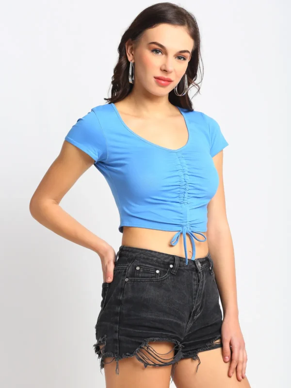 Door74 Stylish Blue Front Gather Crop Womens Top