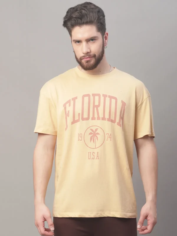 Beige Cotton Printed Oversized T-Shirt For Men