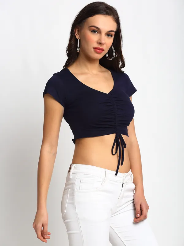 Door74 Stylish Navy Front Gather Crop Womens Top - Image 4