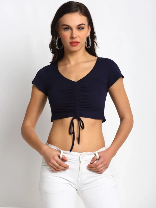 Door74 Stylish Navy Front Gather Crop Womens Top