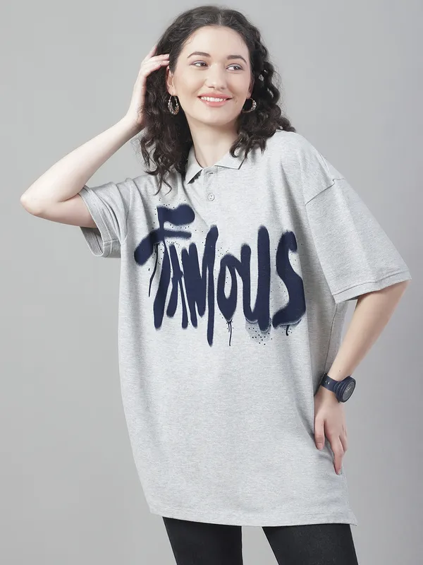 Grey Cotton Printed Oversized Polo Colour T-Shirt For Women - Image 5