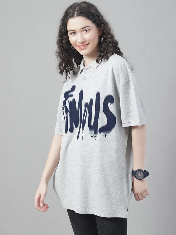 Grey Cotton Printed Oversized Polo Colour T-Shirt For Women - Image 4
