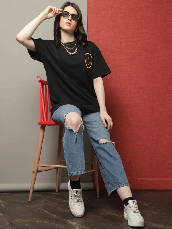 Black Cotton Printed Oversized Round Neck T-Shirt For Women