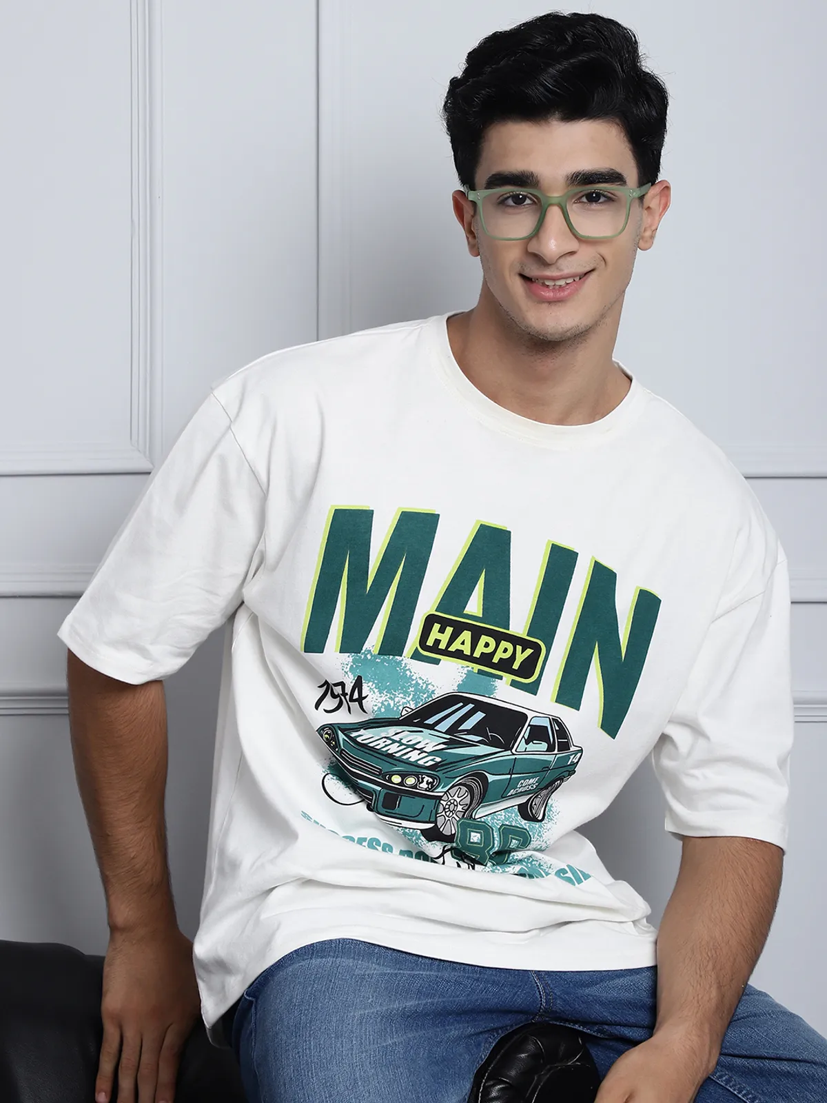 Off White Cotton Printed Oversized T-Shirt For Men