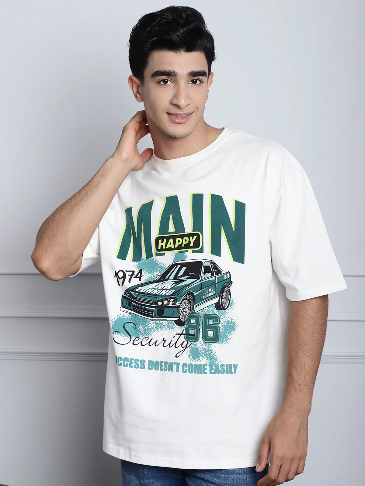 Off White Cotton Printed Oversized T-Shirt For Men - Image 3