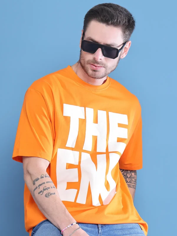 Orange Cotton Printed Oversized T-Shirt For Men