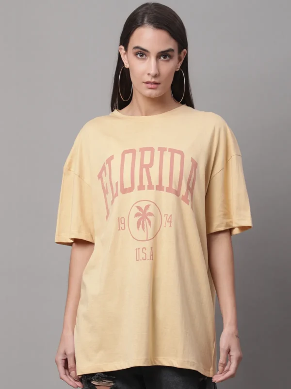 Beige Cotton Printed Oversized Round Neck T-Shirt For Women
