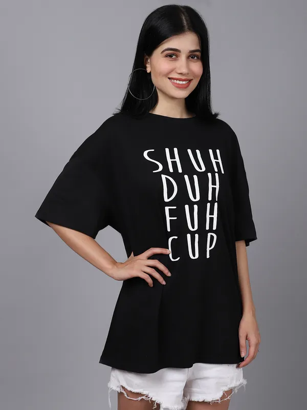 Black Cotton Printed Oversized Round Neck T-Shirt For Womens