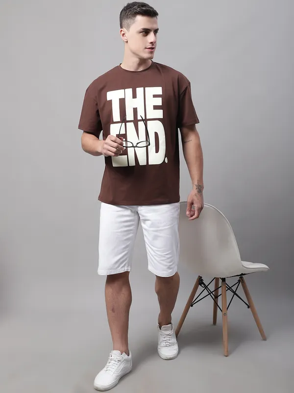 Brown Cotton Printed Oversized T-Shirt For Men - Image 3