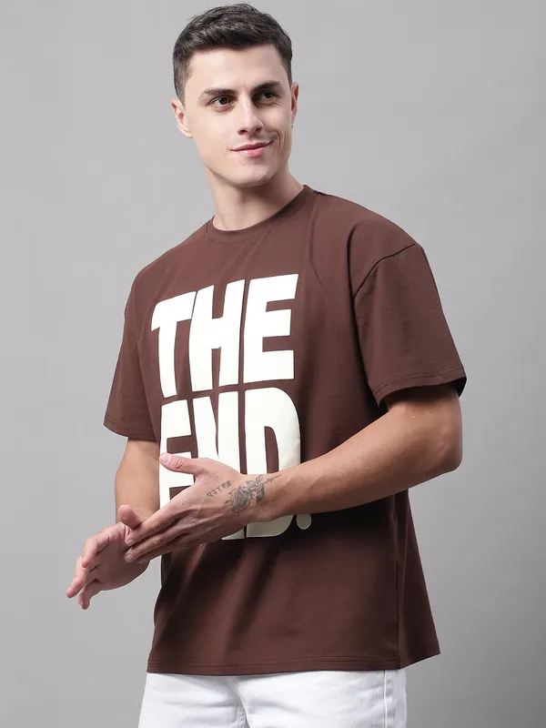 Brown Cotton Printed Oversized T-Shirt For Men - Image 4