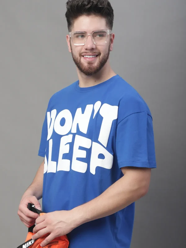 Royal Blue Cotton Printed Oversized T-Shirt For Men