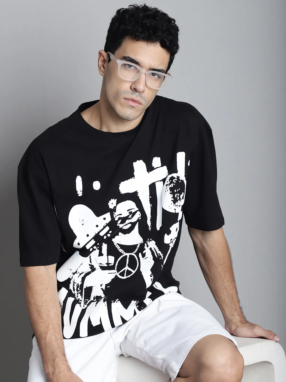 black t-shirt with white text.