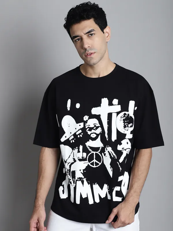 Black Cotton Printed Oversized T-Shirt For Men - Image 5