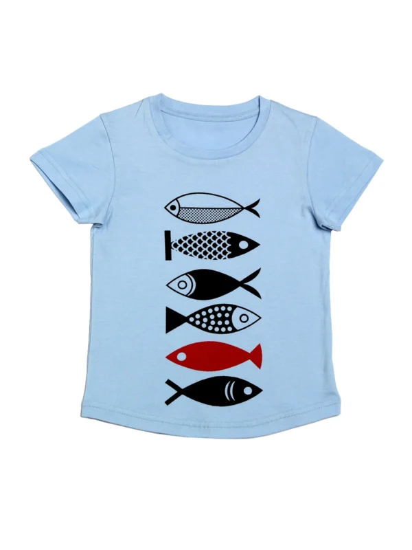 Door74 Unisex Blue Fishes Printed Round Neck T-Shirt