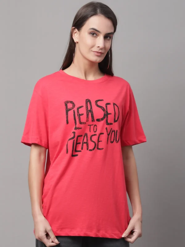 Red Cotton Printed Regular Fit Round Neck T-Shirt For Women