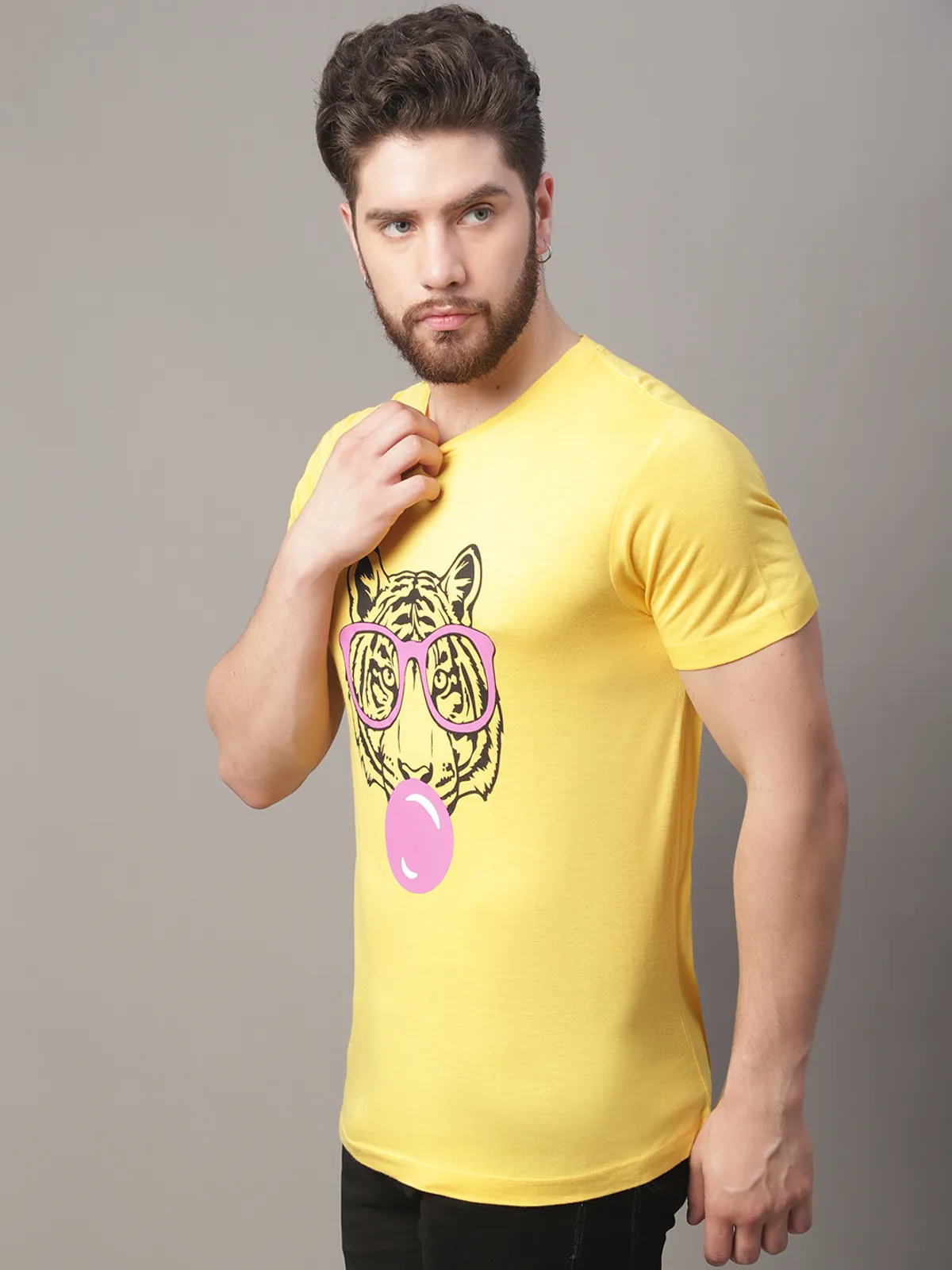 Yellow Cotton Printed Regular Fit T-Shirt For Men - Image 5