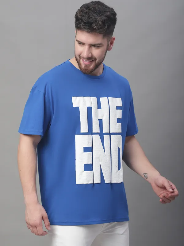 Royal Blue Cotton Printed Oversized T-Shirt For Men - Image 3