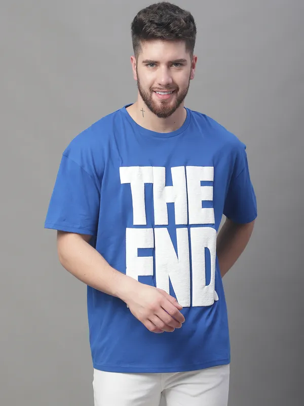 Royal Blue Cotton Printed Oversized T-Shirt For Men - Image 5