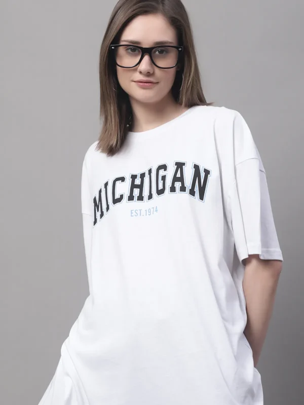 White Cotton Printed Oversized Round Neck T-Shirt For Women