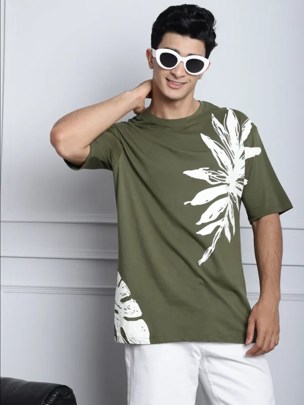 Olive Cotton Printed Oversized T-Shirt For Men
