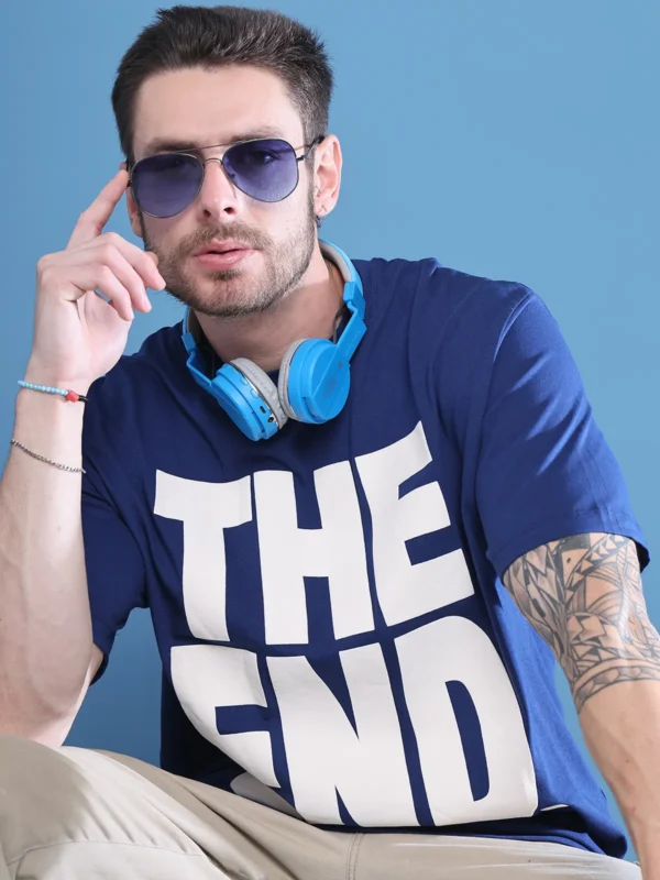 Navy Cotton Printed Oversized T-Shirt For Men