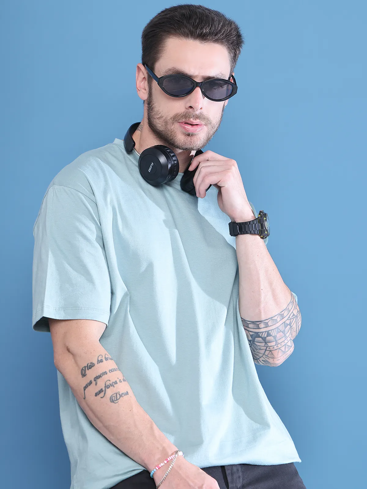 Teal Cotton Solid Oversized T-Shirt For Men