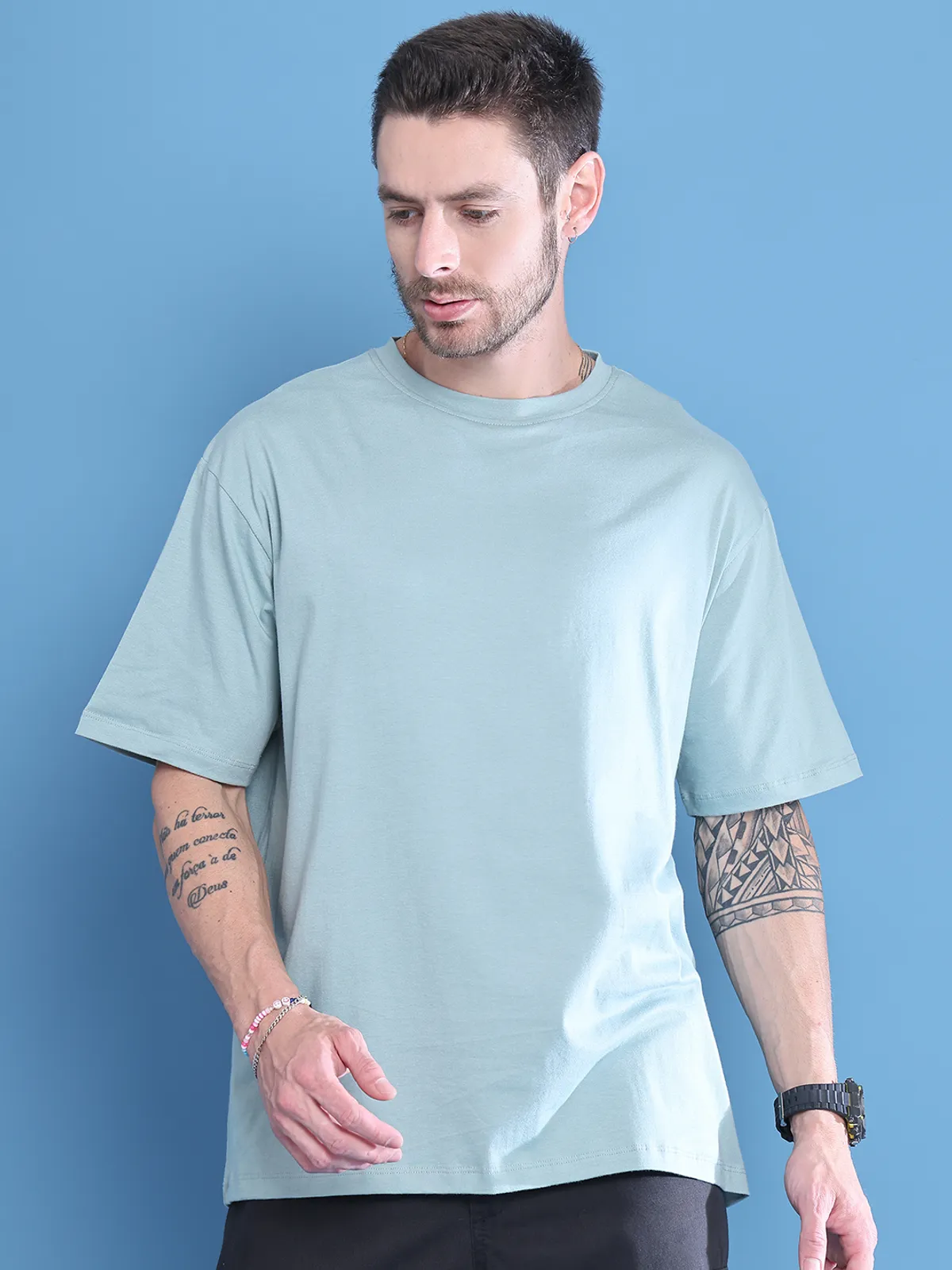 Teal Cotton Solid Oversized T-Shirt For Men - Image 3