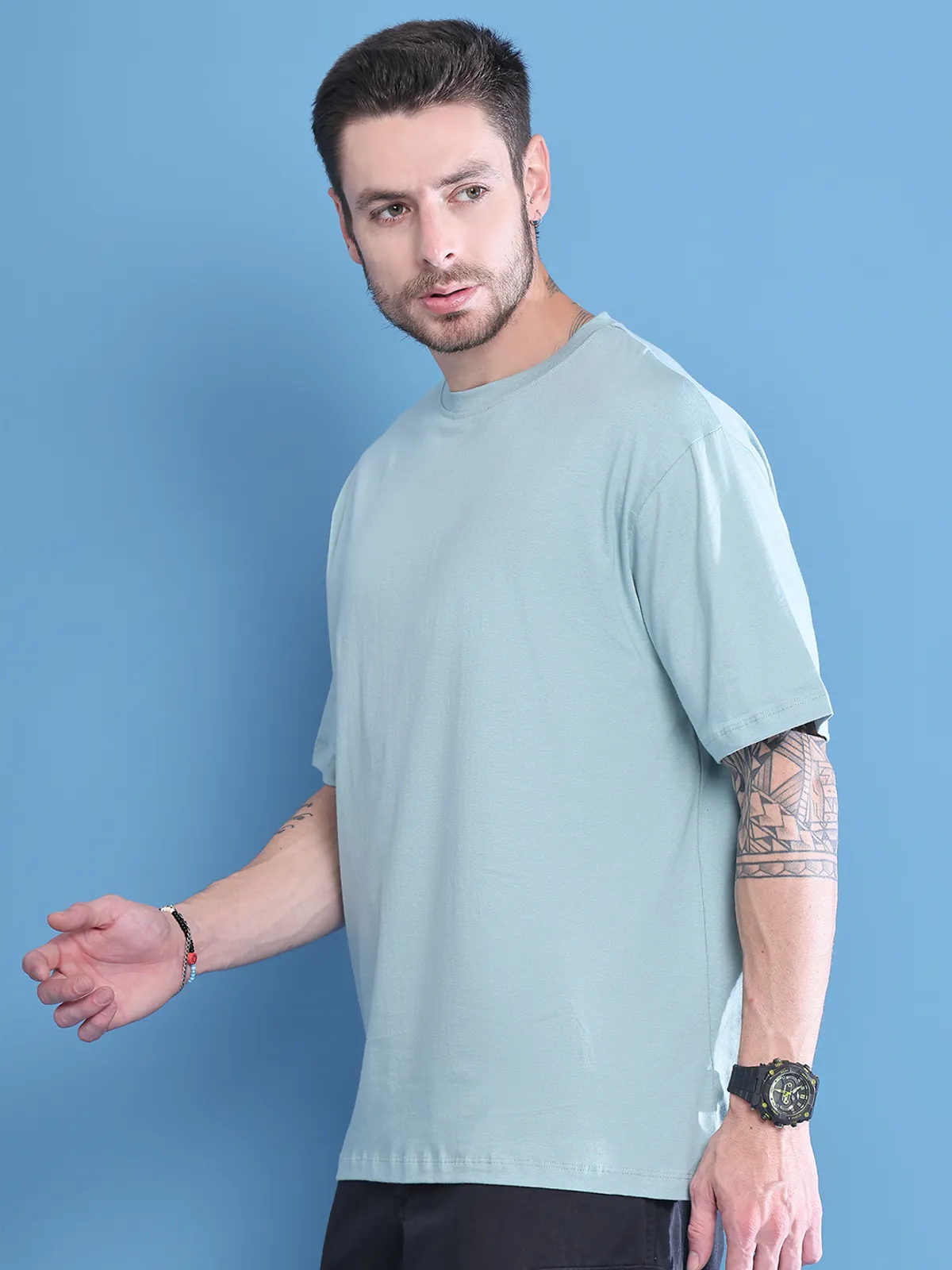 Teal Cotton Solid Oversized T-Shirt For Men - Image 6