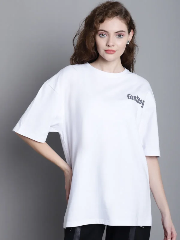 White Cotton Printed Oversized Round Neck T-Shirt For Women