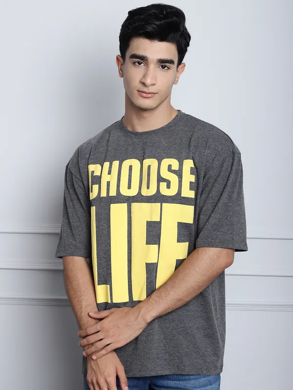 Dark Grey Cotton Printed Oversized T-Shirt For Men - Image 5