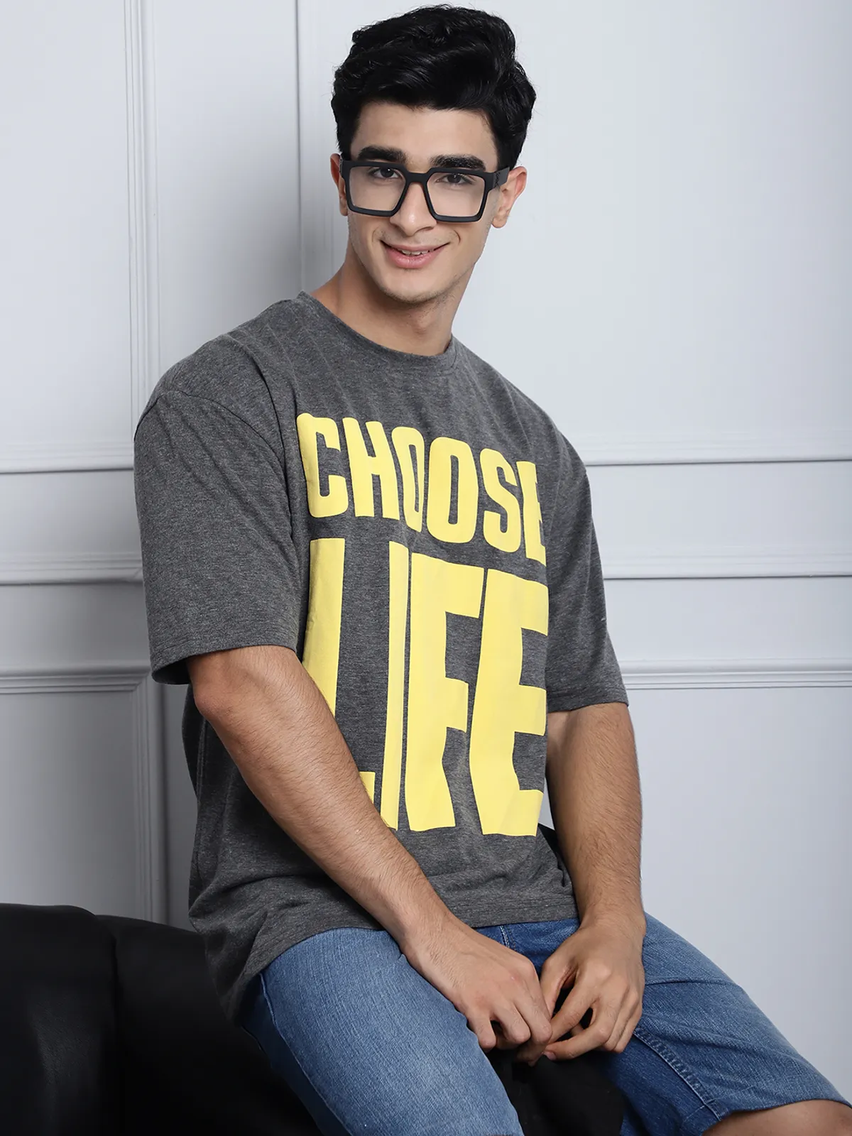 Dark Grey Cotton Printed Oversized T-Shirt For Men