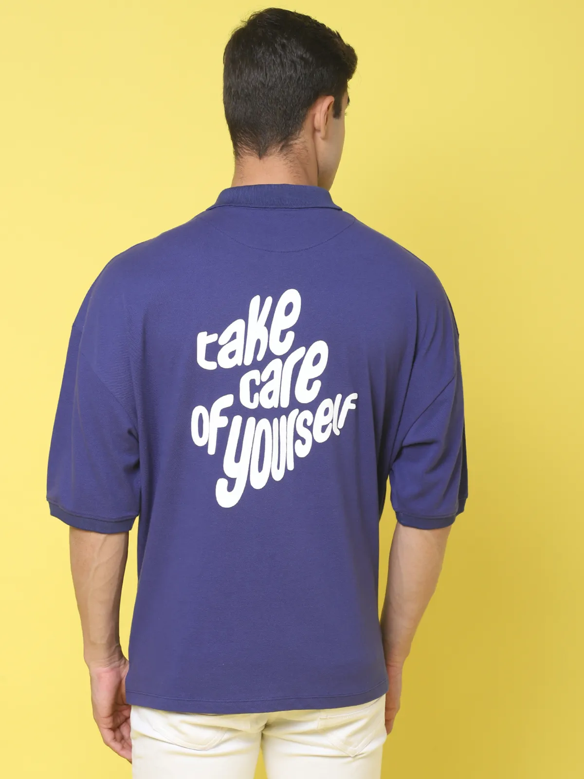 Navy Blue Cotton Printed Oversized T-Shirt For Men - Image 5