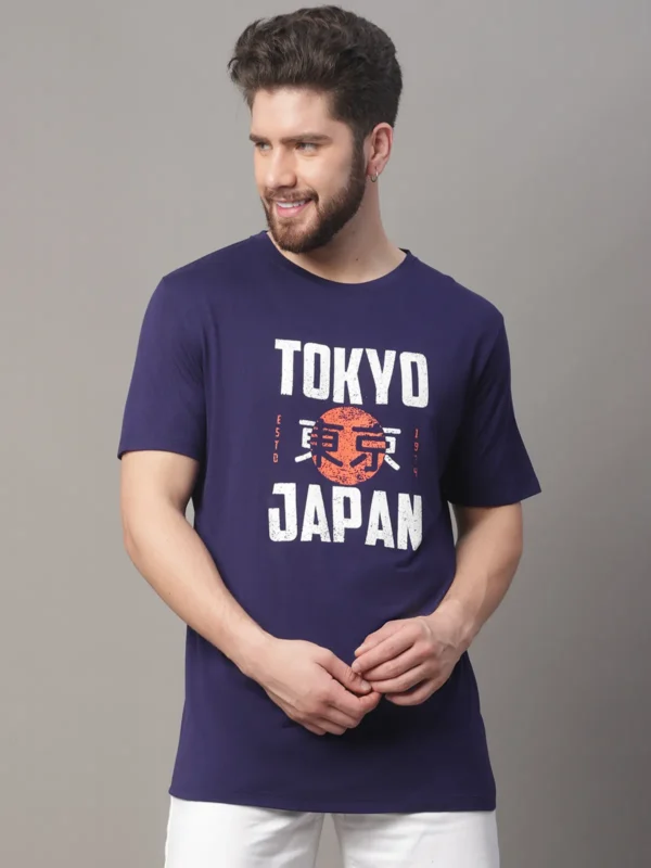 Navy Blue Cotton Printed Regular Fit T-Shirt For Men