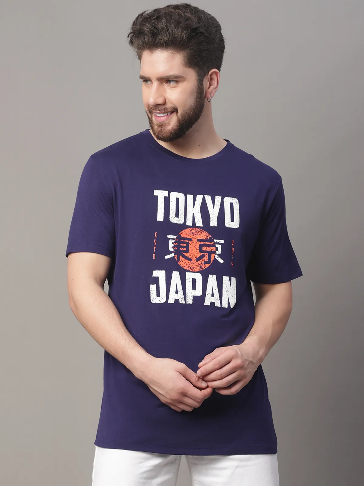 Navy Blue Cotton Printed Regular Fit T-Shirt For Men